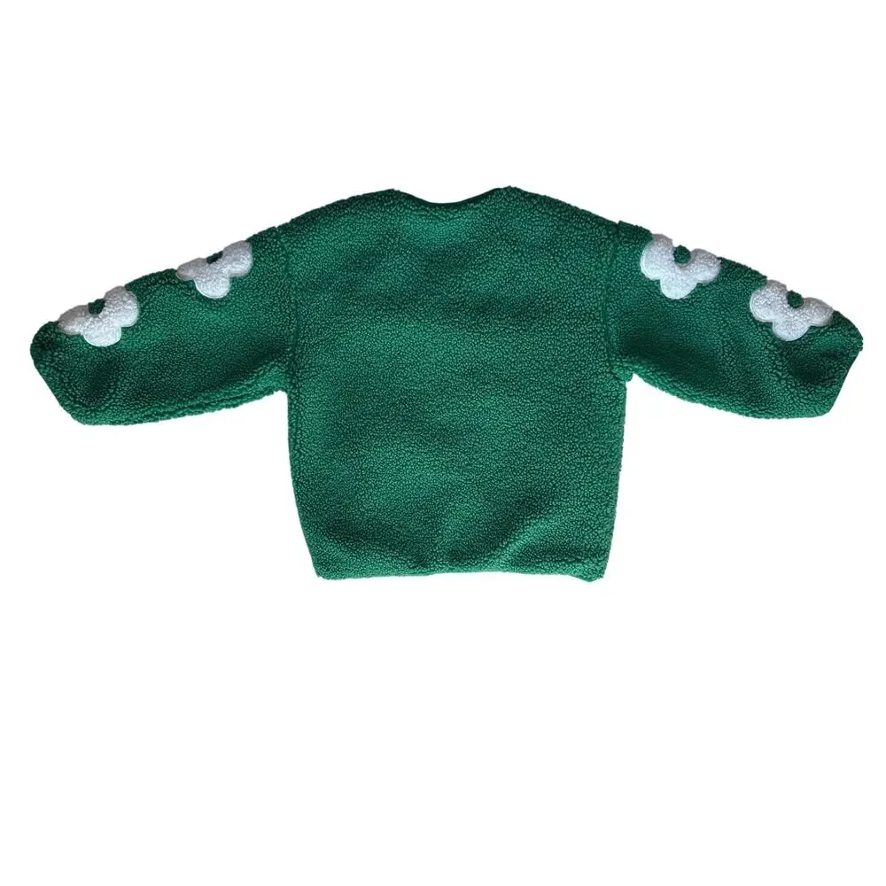 Pip & Lenny Kids Teddy Fleece Green & White Flowers Zip Up Sweater Size 4y